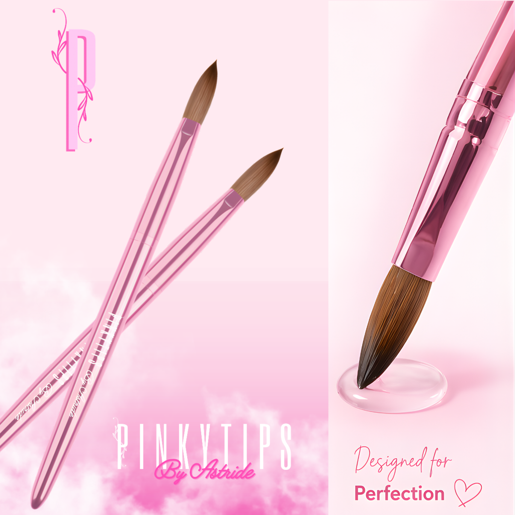 Pink metallic Kolinsky acrylic nail brush with engraved logo, professional nail tool