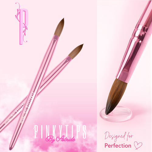 Pink metallic Kolinsky acrylic nail brush with engraved logo, professional nail tool