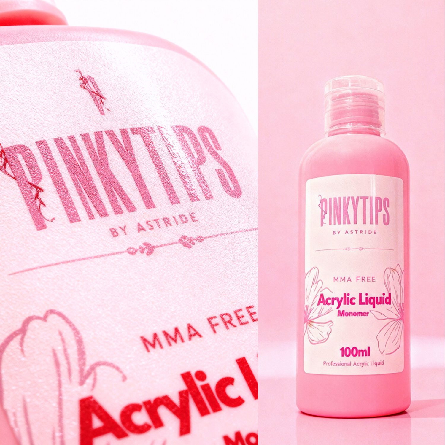 Pink bottle of Pinky Tips acrylic liquid with packaging on a pink background