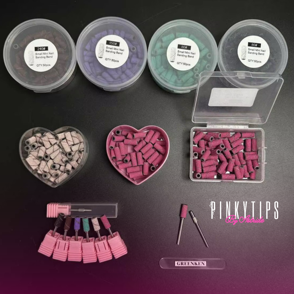 pink nail sanding bands set with heart container and drill attachment