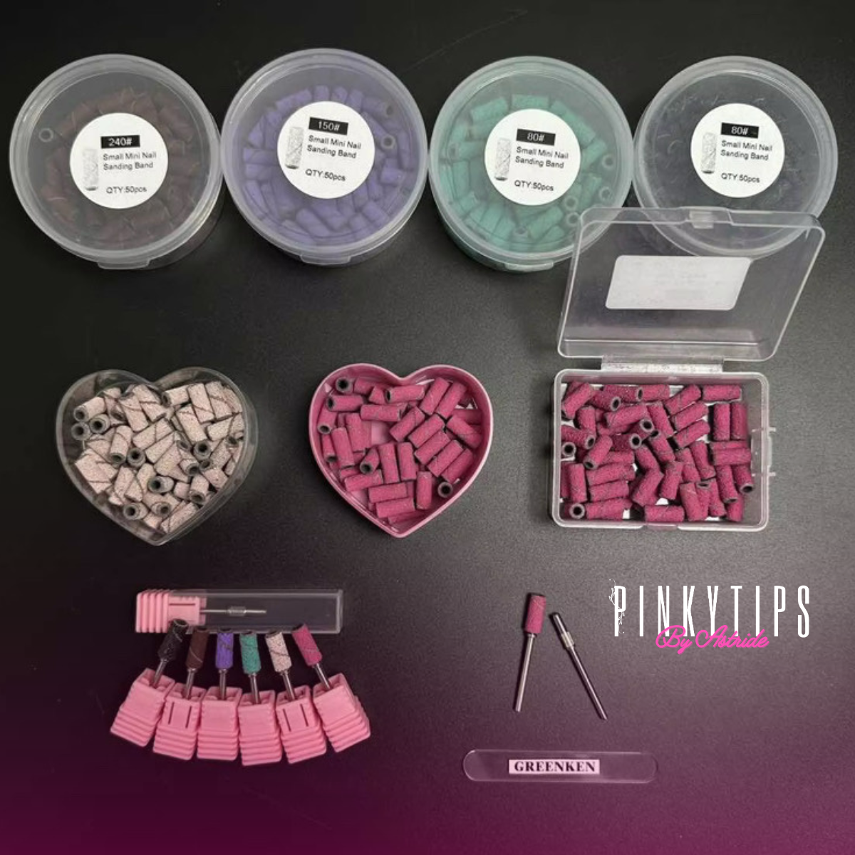 pink nail sanding bands set with heart container and drill attachment