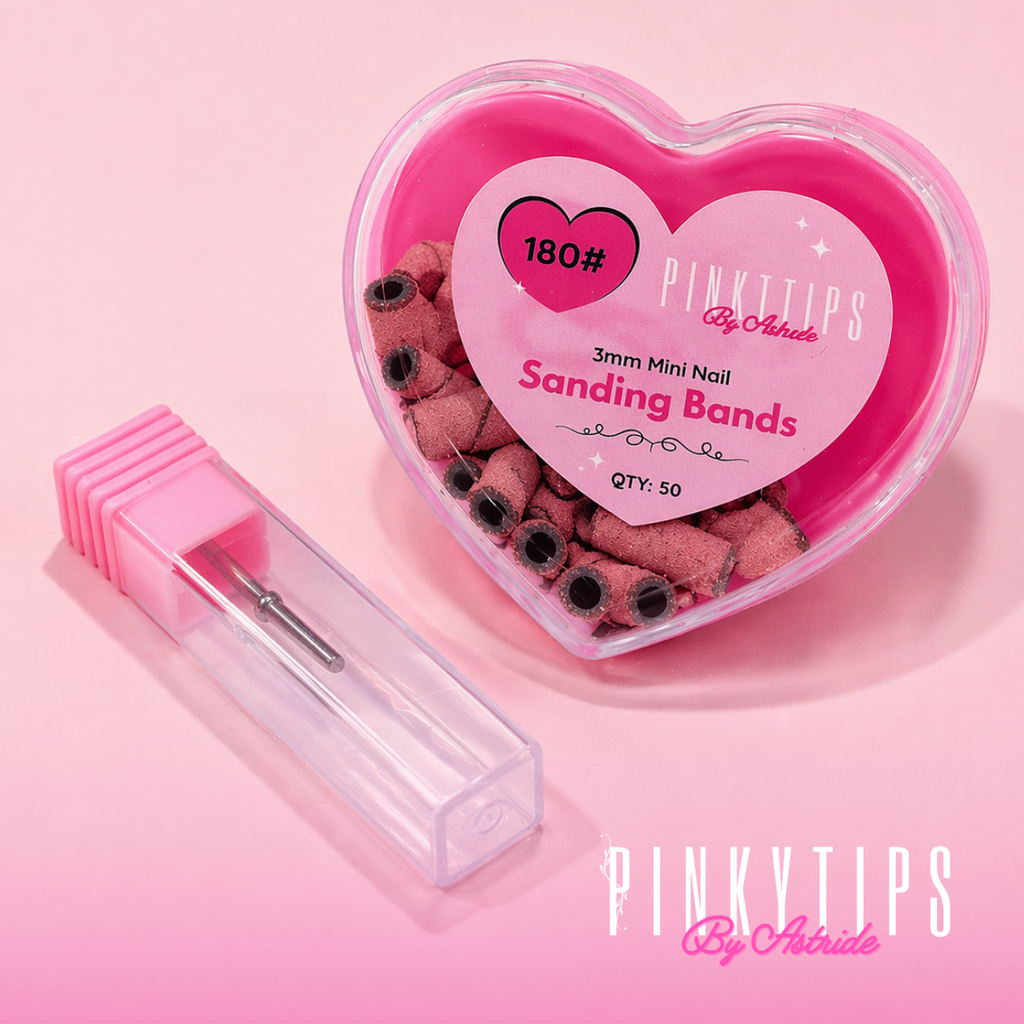pink mini sanding bands in heart shaped storage box with drill bit included