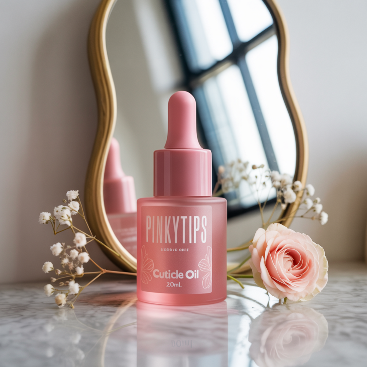 Pink bottle of cuticle oil with dropper labeled 'PINKYTIPS' cuticle ointment