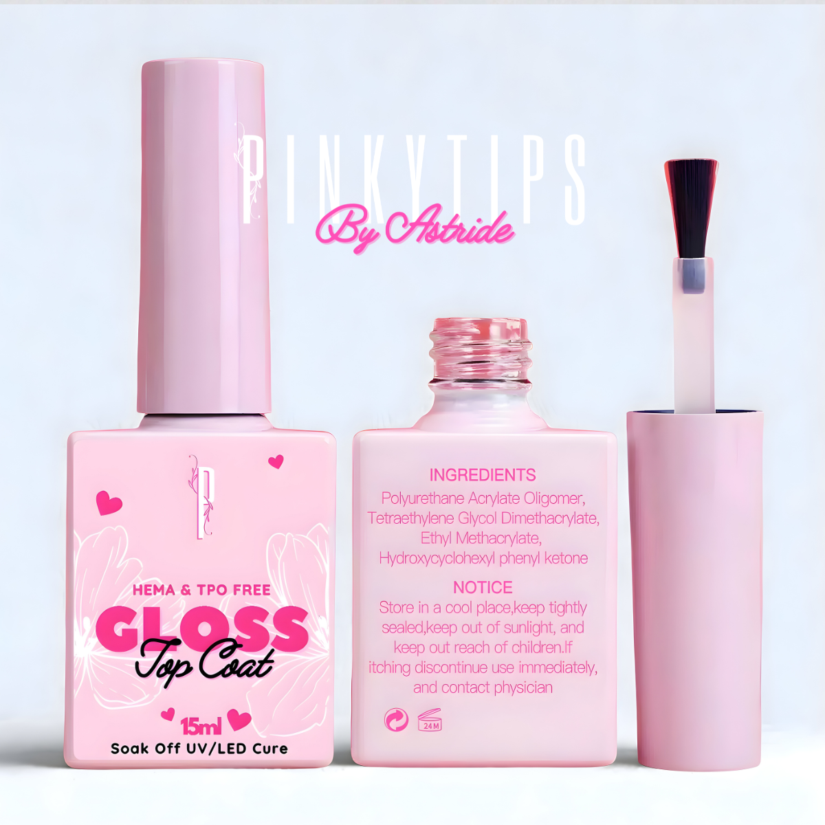 Pinktips nail polish bottle with applicator and ingredients list on a light blue background