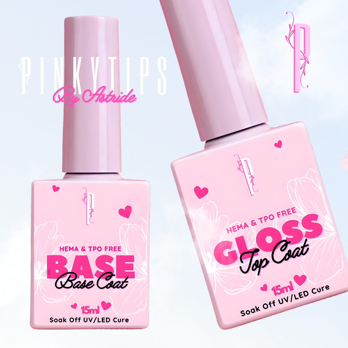 PinkyTips professional base and top coat for strong adhesion and glossy shine