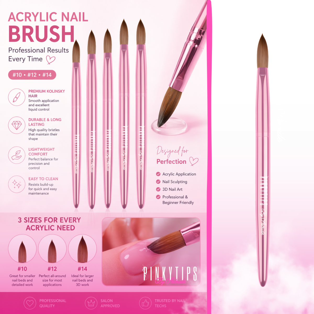 Size 12 Kolinsky hair acrylic brush for smooth acrylic application, pink handle