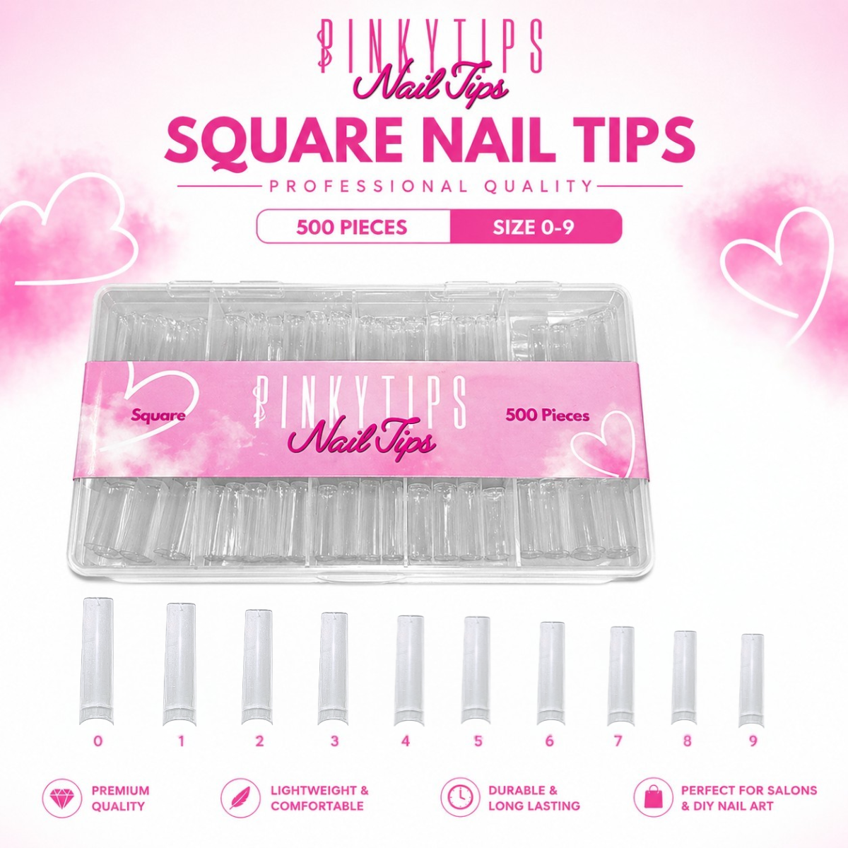 coffin square nail tips clear 500 pieces size 0 to 9